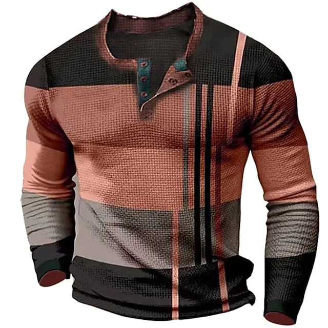 3D Plaid Henley Tee for Men | Brown Winter Cotton Shirt | Graphic Color Block Apparel - Designer Style