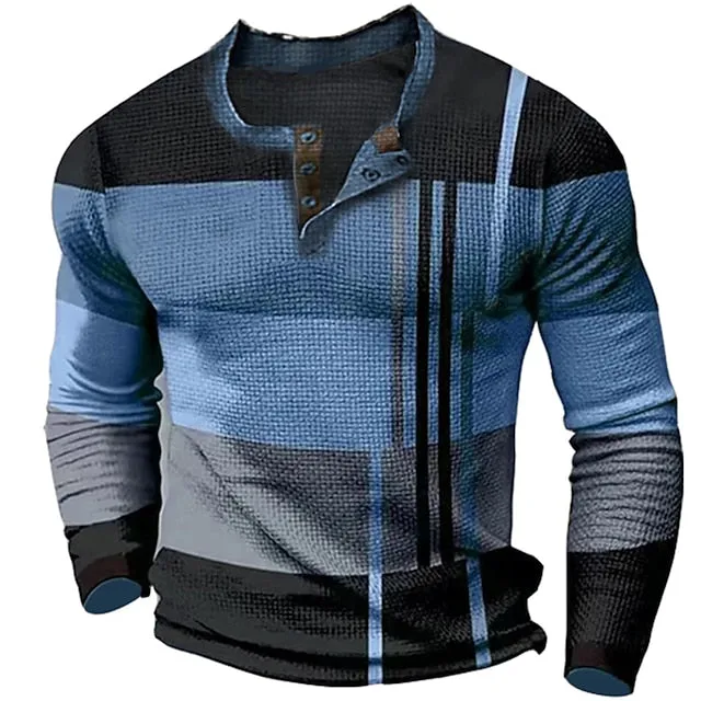 3D Plaid Henley Tee for Men | Brown Winter Cotton Shirt | Graphic Color Block Apparel - Designer Style