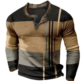 3D Plaid Henley Tee for Men | Brown Winter Cotton Shirt | Graphic Color Block Apparel - Designer Style