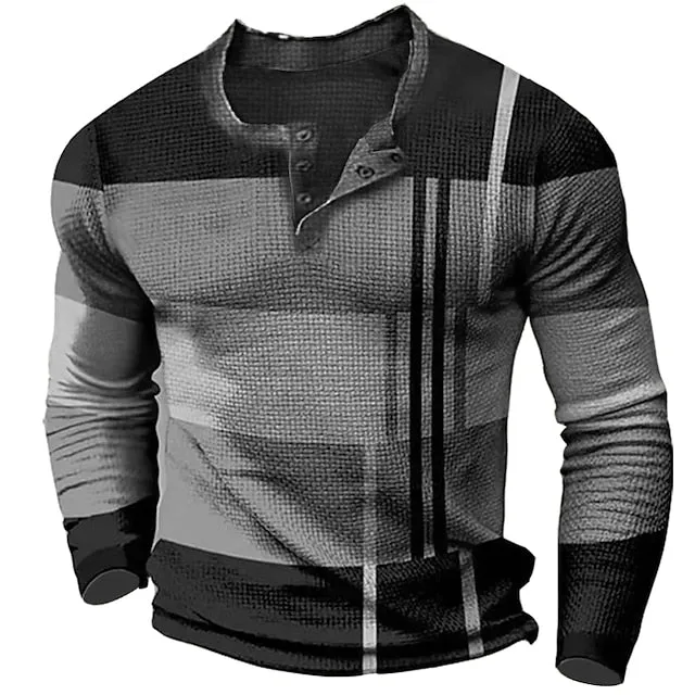 3D Plaid Henley Tee for Men | Brown Winter Cotton Shirt | Graphic Color Block Apparel - Designer Style