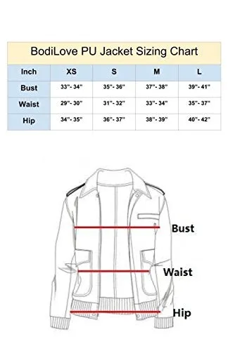 BodiLove Women's Slim Tailoring Faux Leather Zip Up Moto Biker PU Jacket Black S