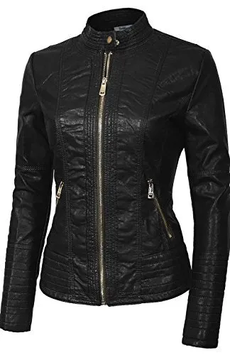BodiLove Women's Slim Tailoring Faux Leather Zip Up Moto Biker PU Jacket Black S