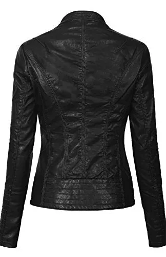 BodiLove Women's Slim Tailoring Faux Leather Zip Up Moto Biker PU Jacket Black S