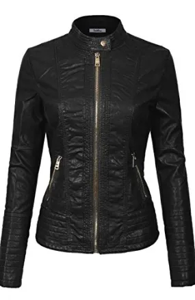 BodiLove Women's Slim Tailoring Faux Leather Zip Up Moto Biker PU Jacket Black S