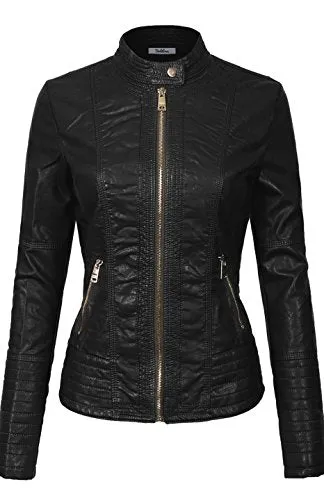 BodiLove Women's Slim Tailoring Faux Leather Zip Up Moto Biker PU Jacket Black S