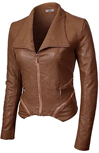 BodiLove Women's Slim Tailoring Faux Leather Zip Up PU Bomber Jacket Camel M