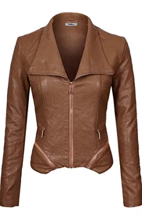 BodiLove Women's Slim Tailoring Faux Leather Zip Up PU Bomber Jacket Camel M
