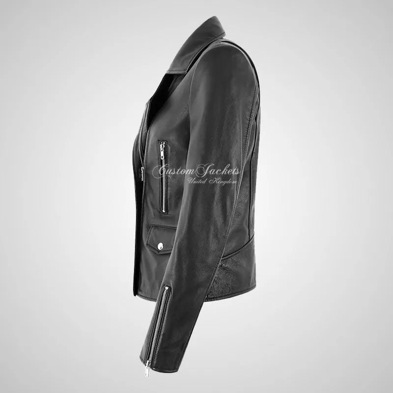 CHARYL Women Black Biker Leather Jacket Soft Real Leather