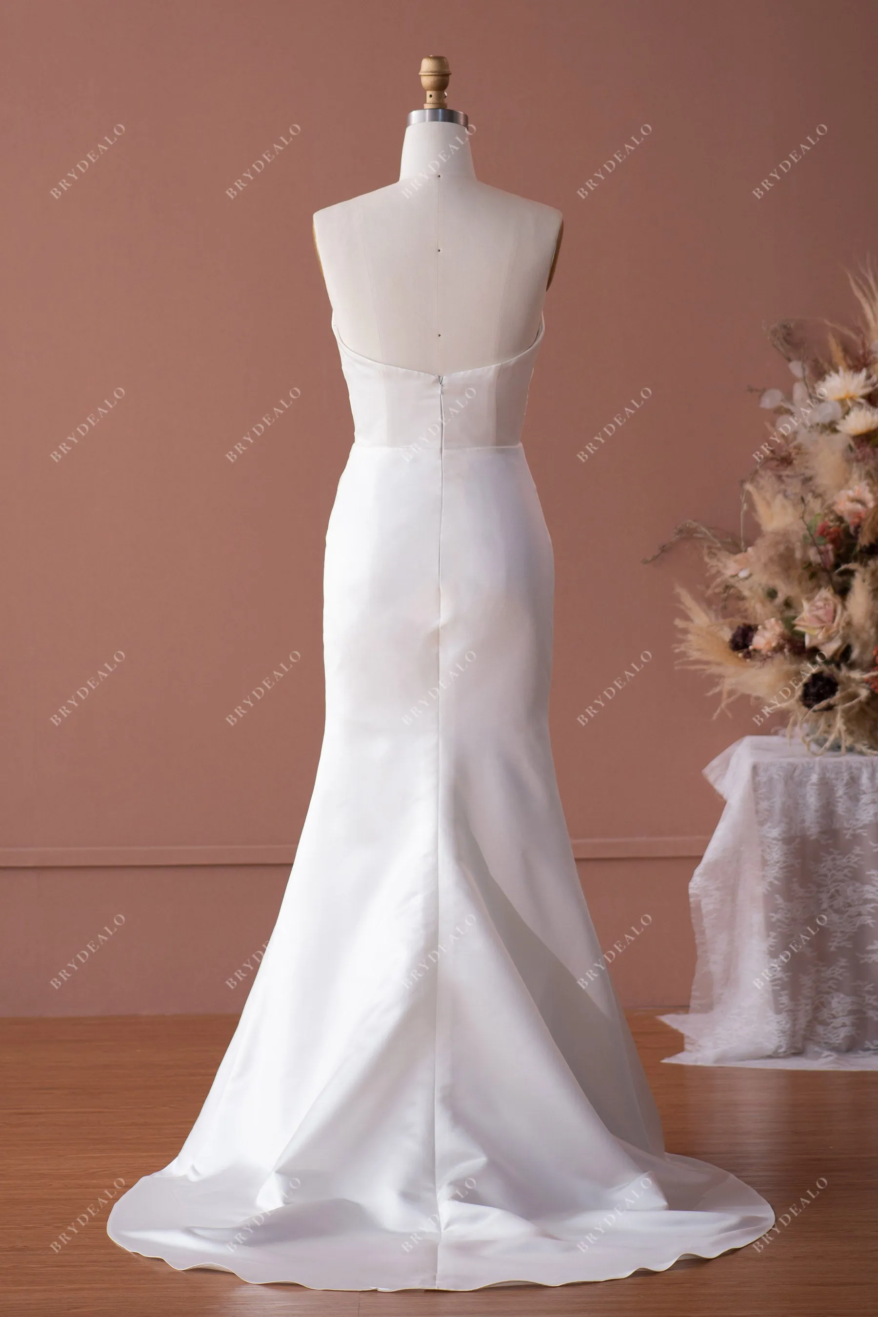 Classic V-cut Neck Satin Wedding Dress with Detachable Overskirt