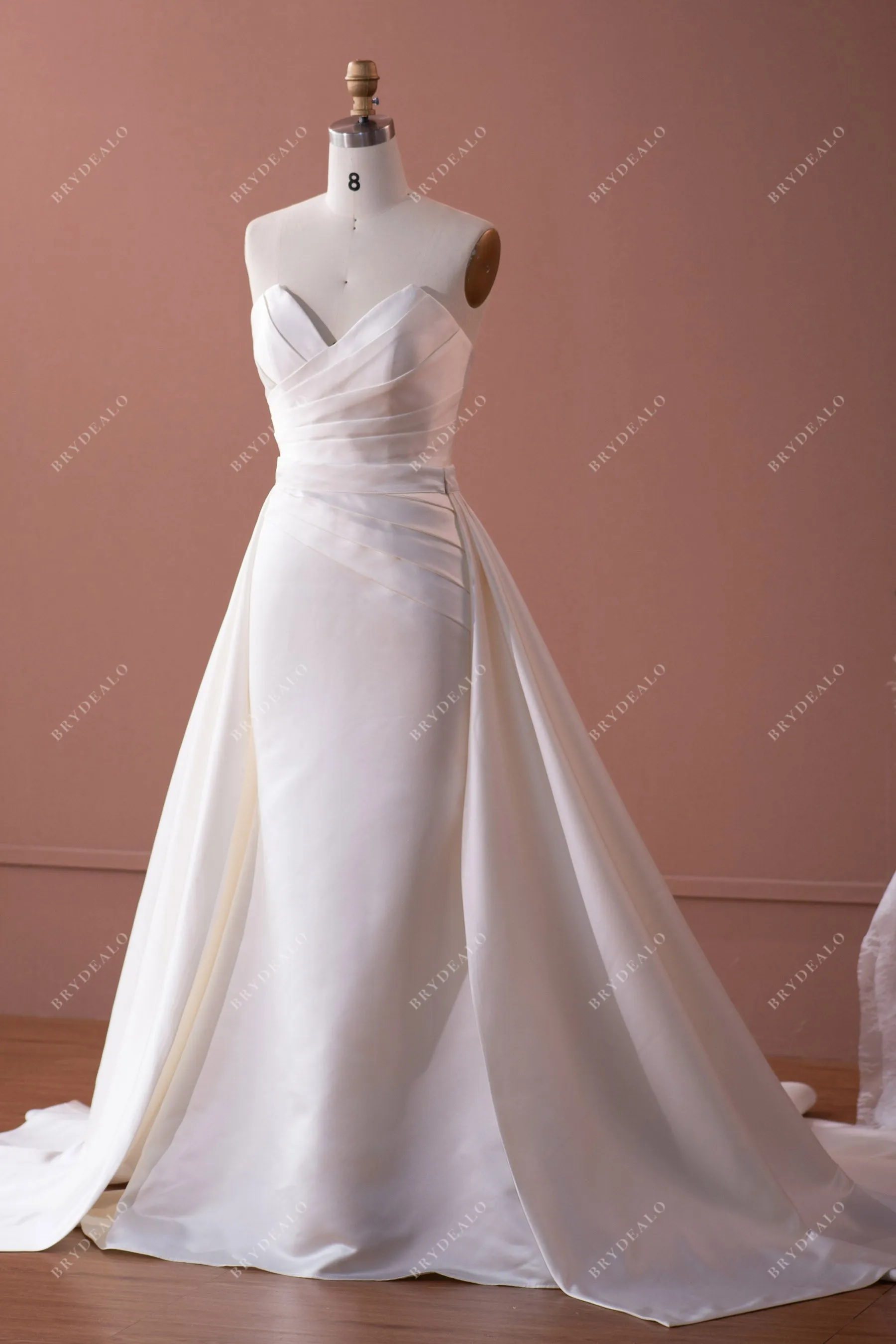 Classic V-cut Neck Satin Wedding Dress with Detachable Overskirt