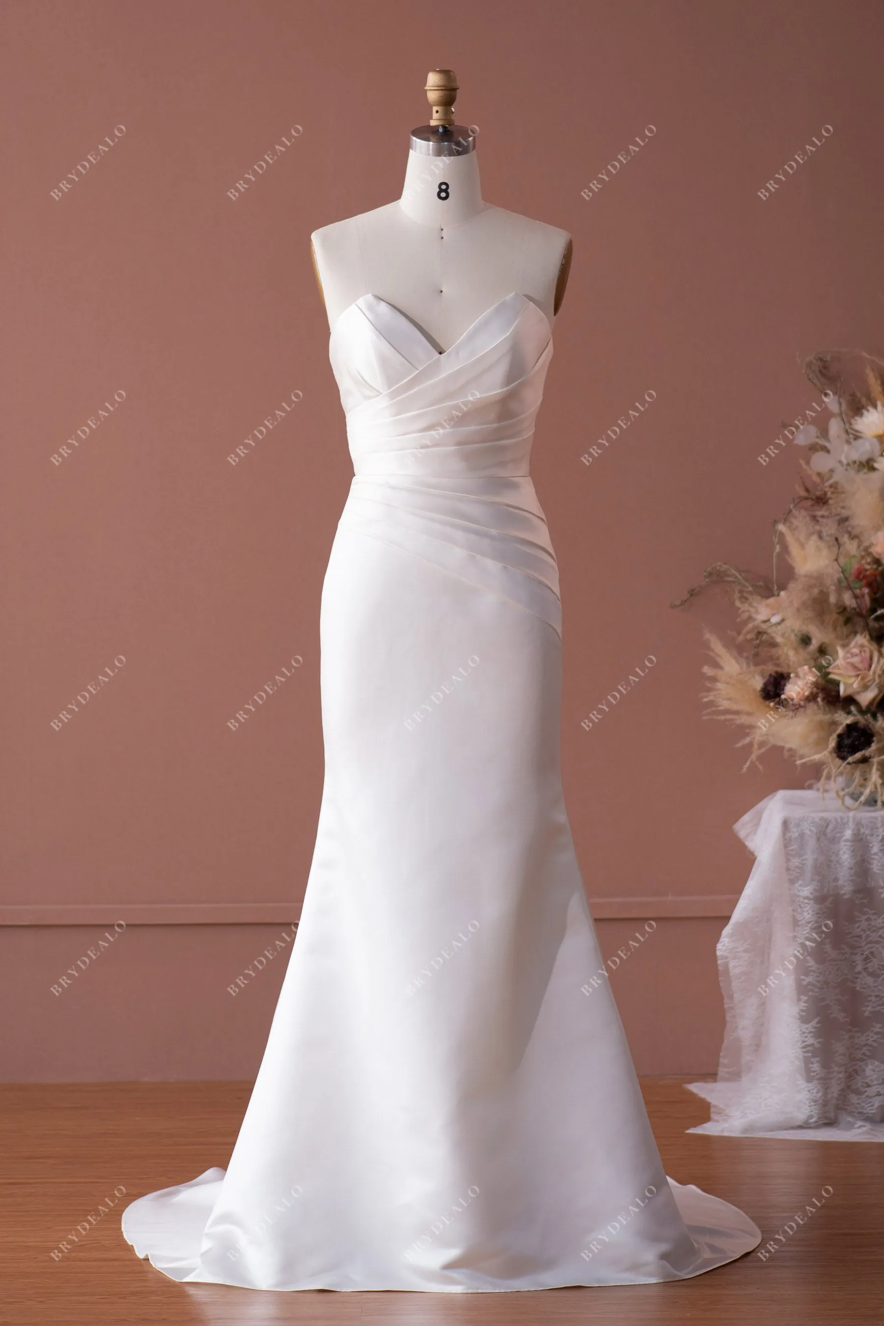 Classic V-cut Neck Satin Wedding Dress with Detachable Overskirt