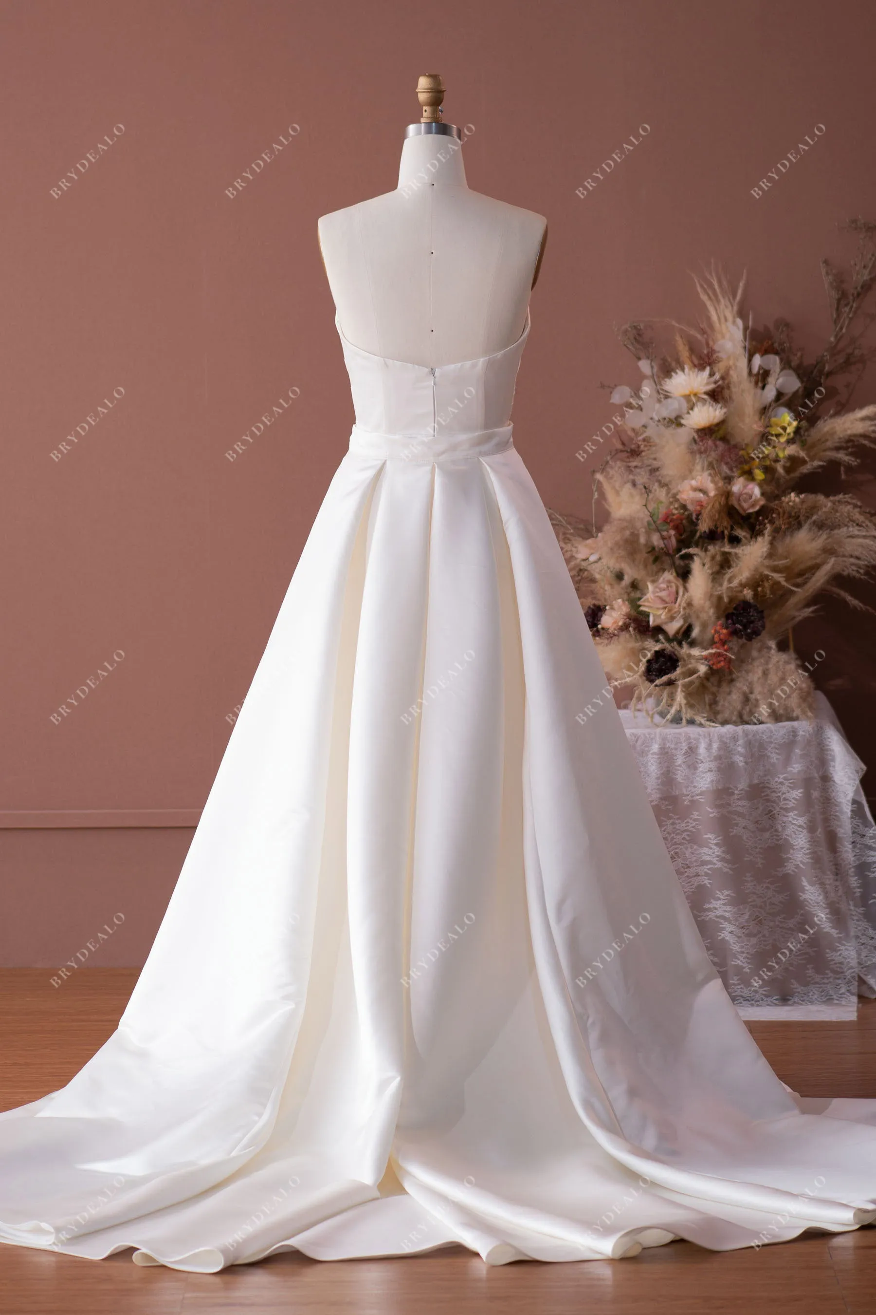 Classic V-cut Neck Satin Wedding Dress with Detachable Overskirt