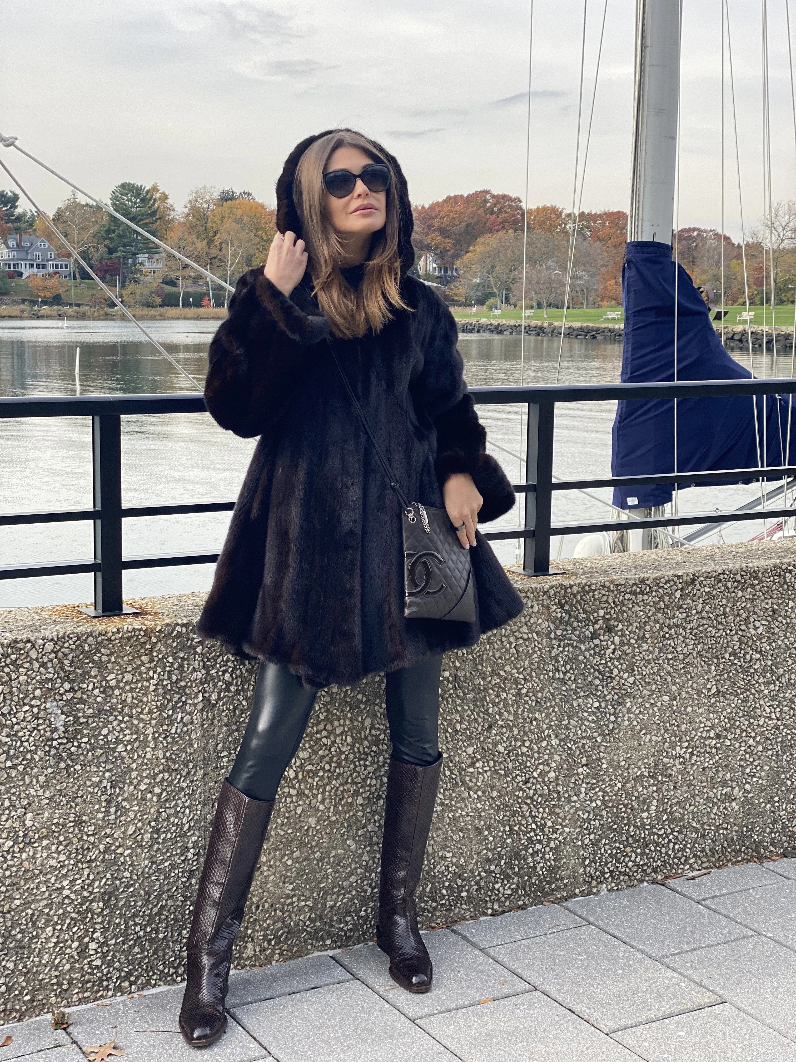 CODO Genuine Mink Fur Hooded Coat Brown