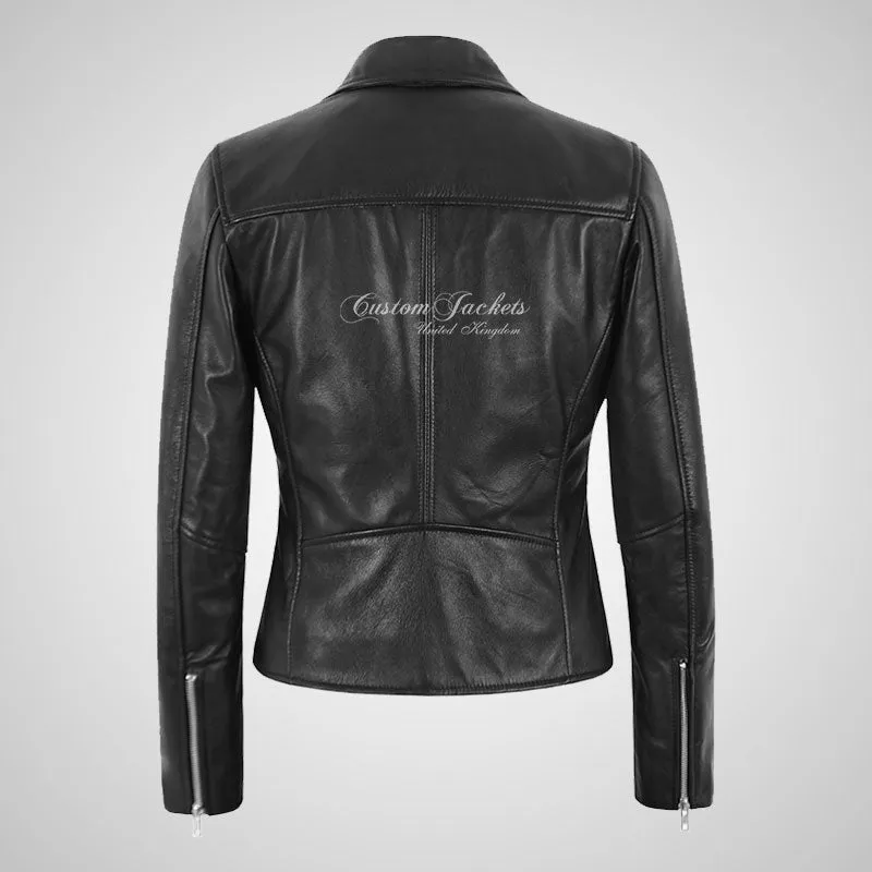 EMBER Ladies Black Biker Leather Jacket Soft Real Leather