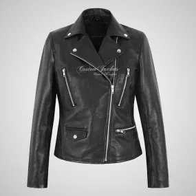 EMBER Ladies Black Biker Leather Jacket Soft Real Leather