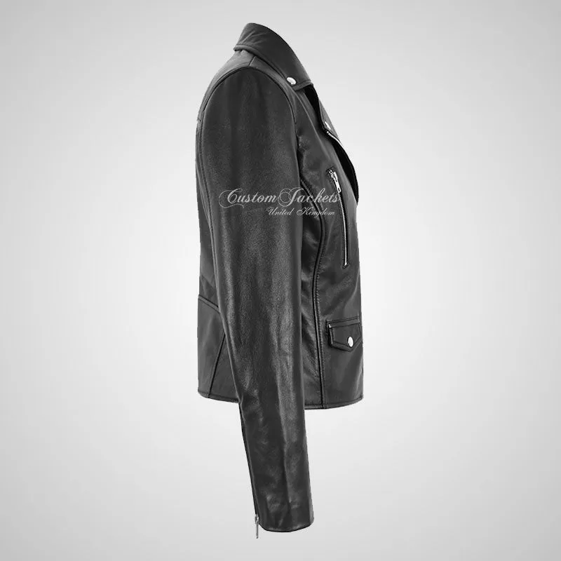 EMBER Ladies Black Biker Leather Jacket Soft Real Leather