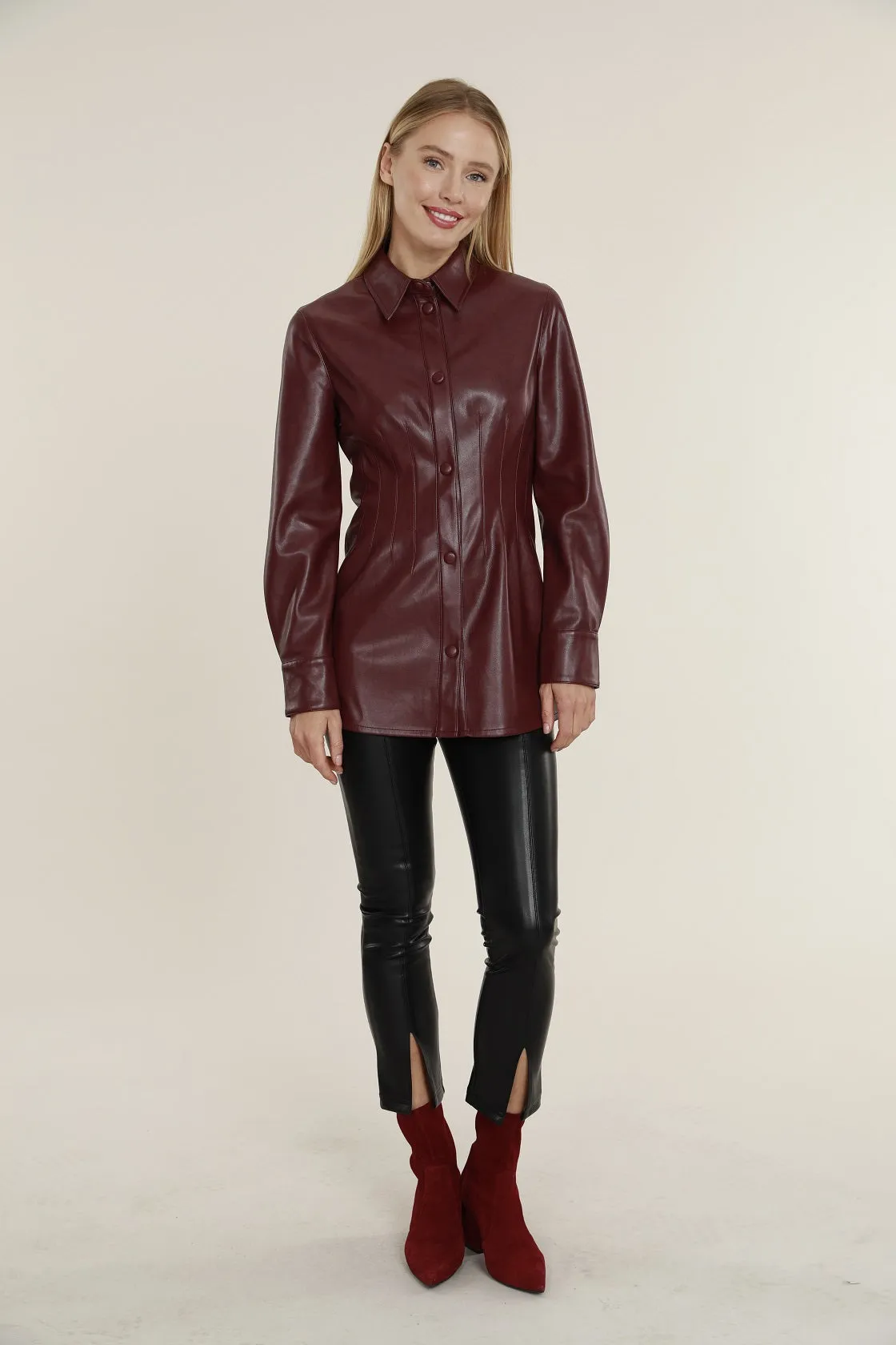 Faux Leather Button Up Pintuck Shirt