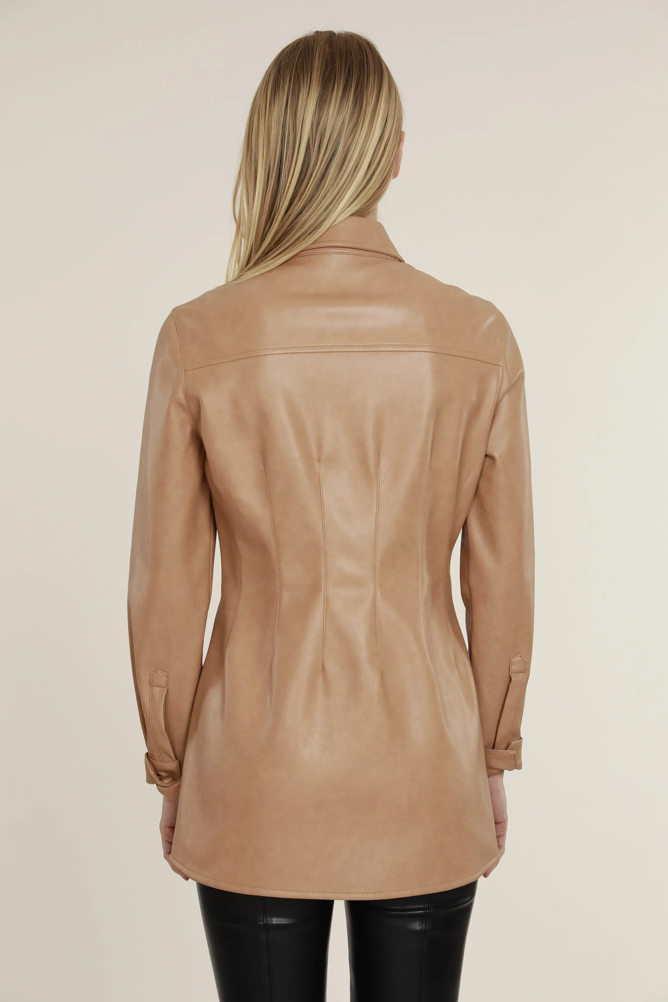 Faux Leather Button Up Pintuck Shirt