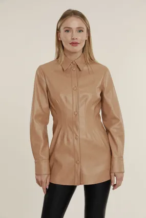 Faux Leather Button Up Pintuck Shirt
