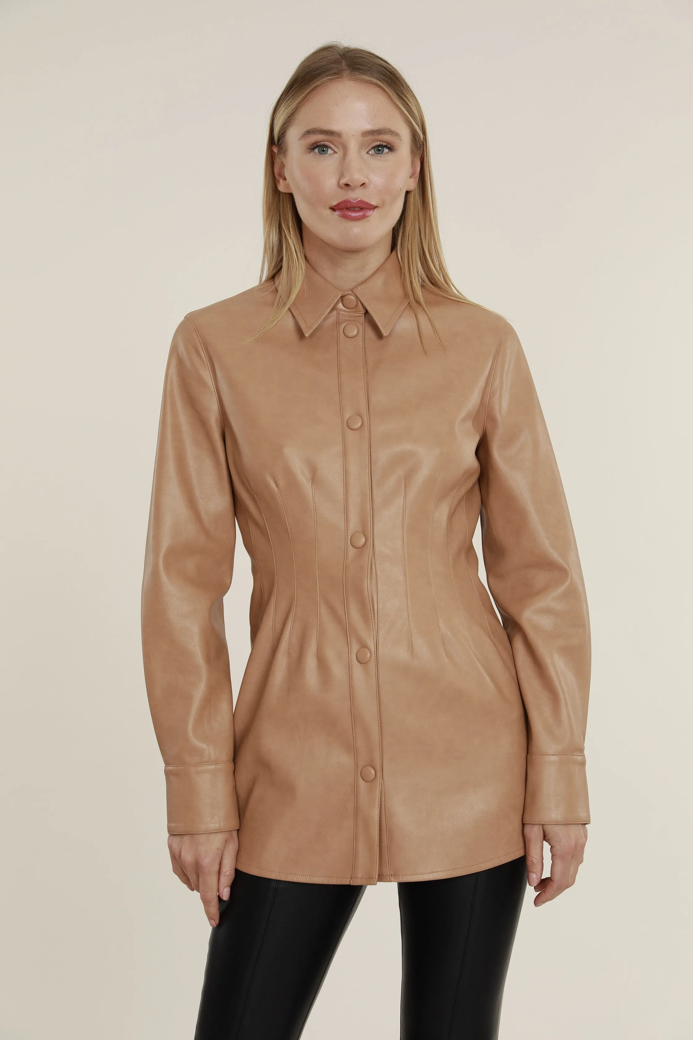 Faux Leather Button Up Pintuck Shirt