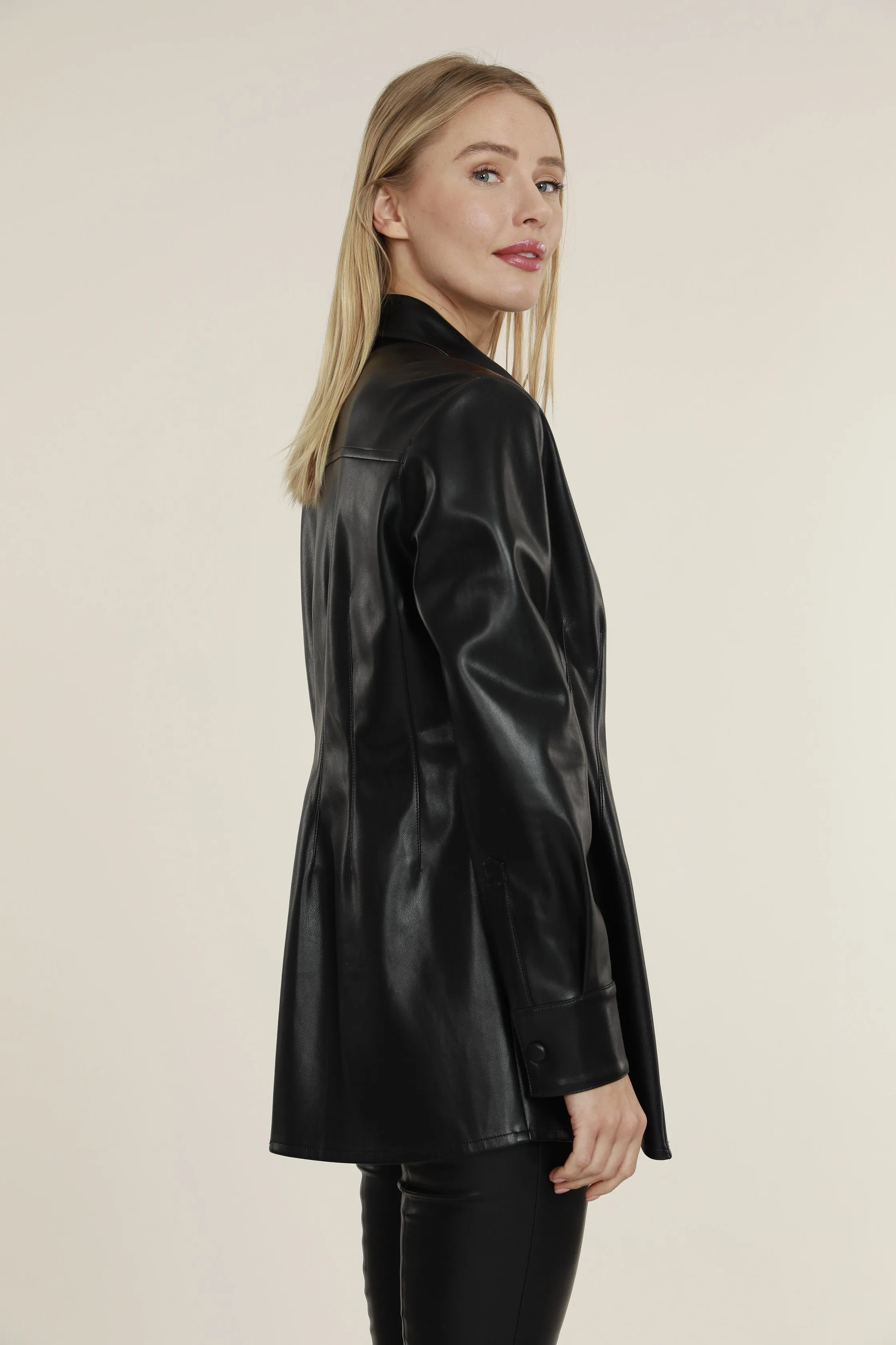 Faux Leather Button Up Pintuck Shirt