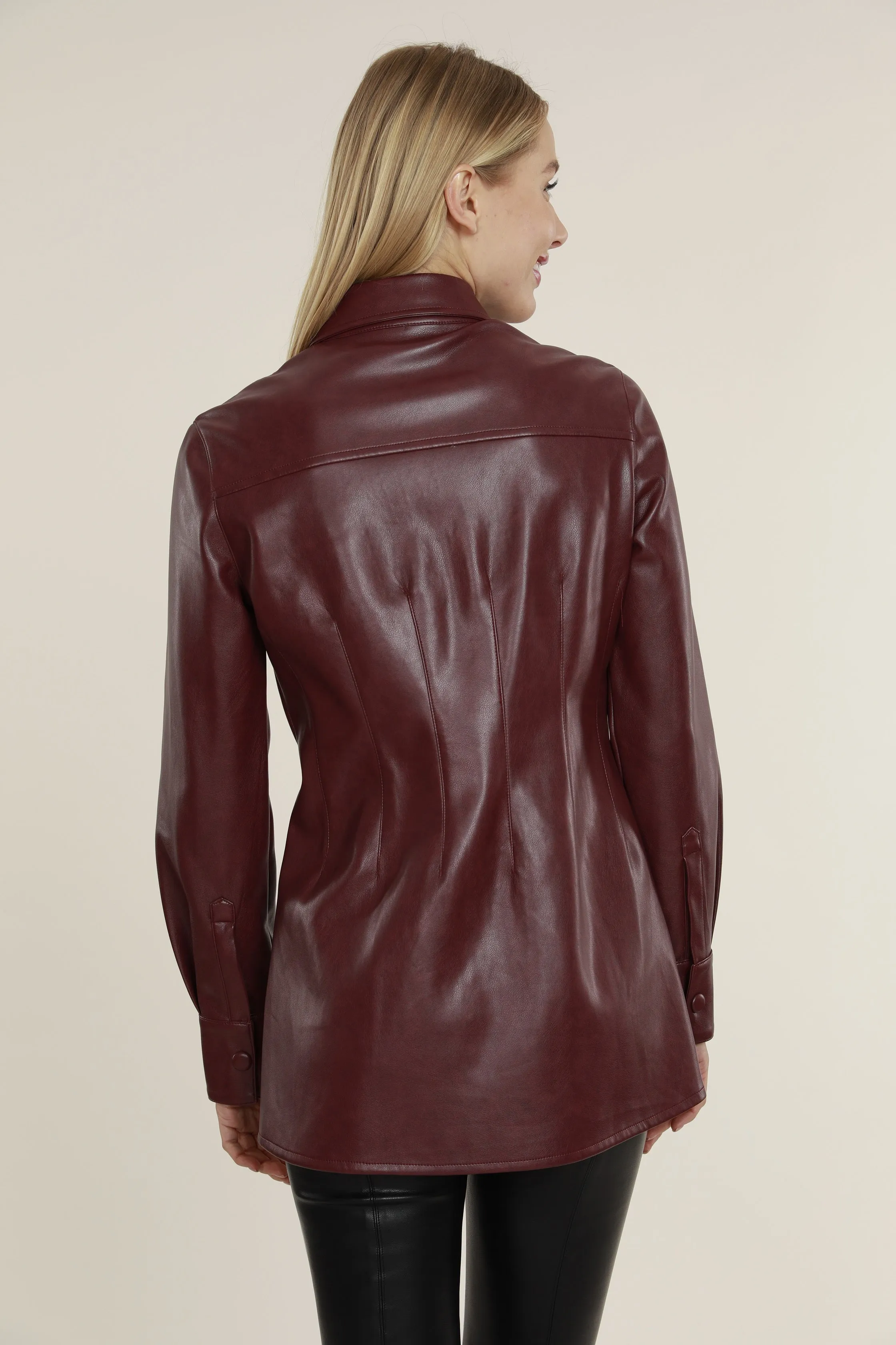 Faux Leather Button Up Pintuck Shirt