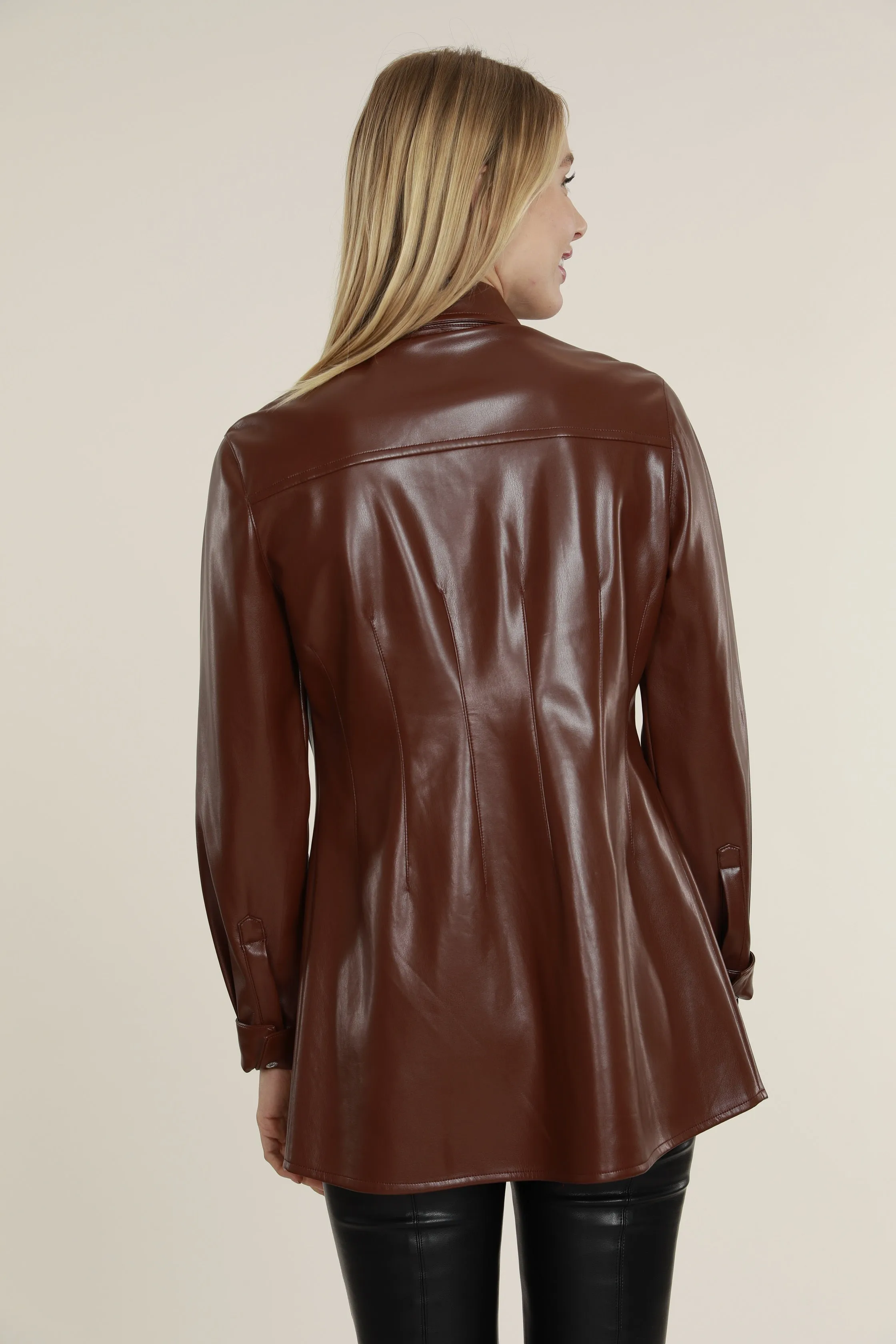 Faux Leather Button Up Pintuck Shirt