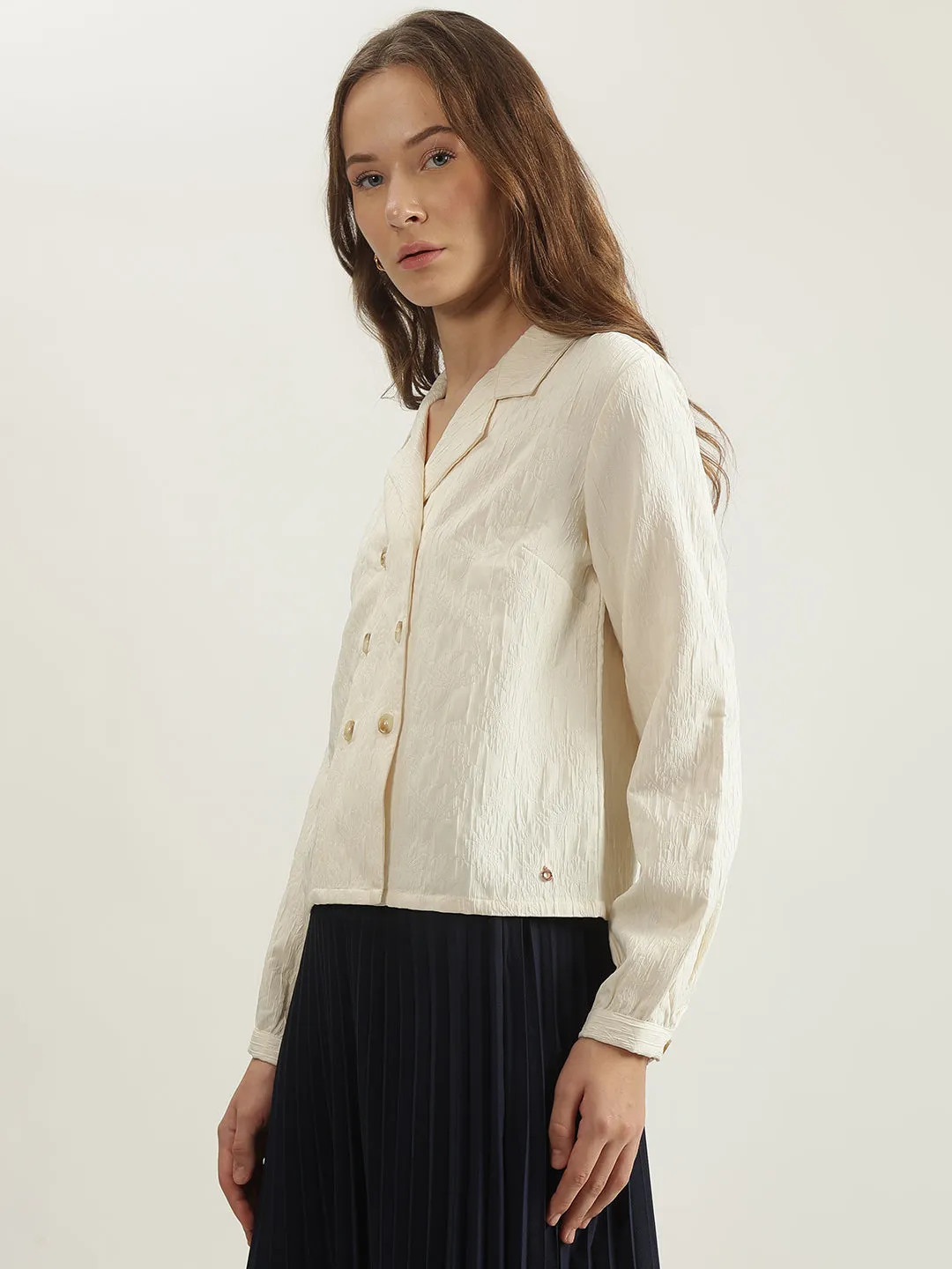 Iconic Women Cream Solid Notched Lapel Collar Full Sleeves Double-Breasted Blazer