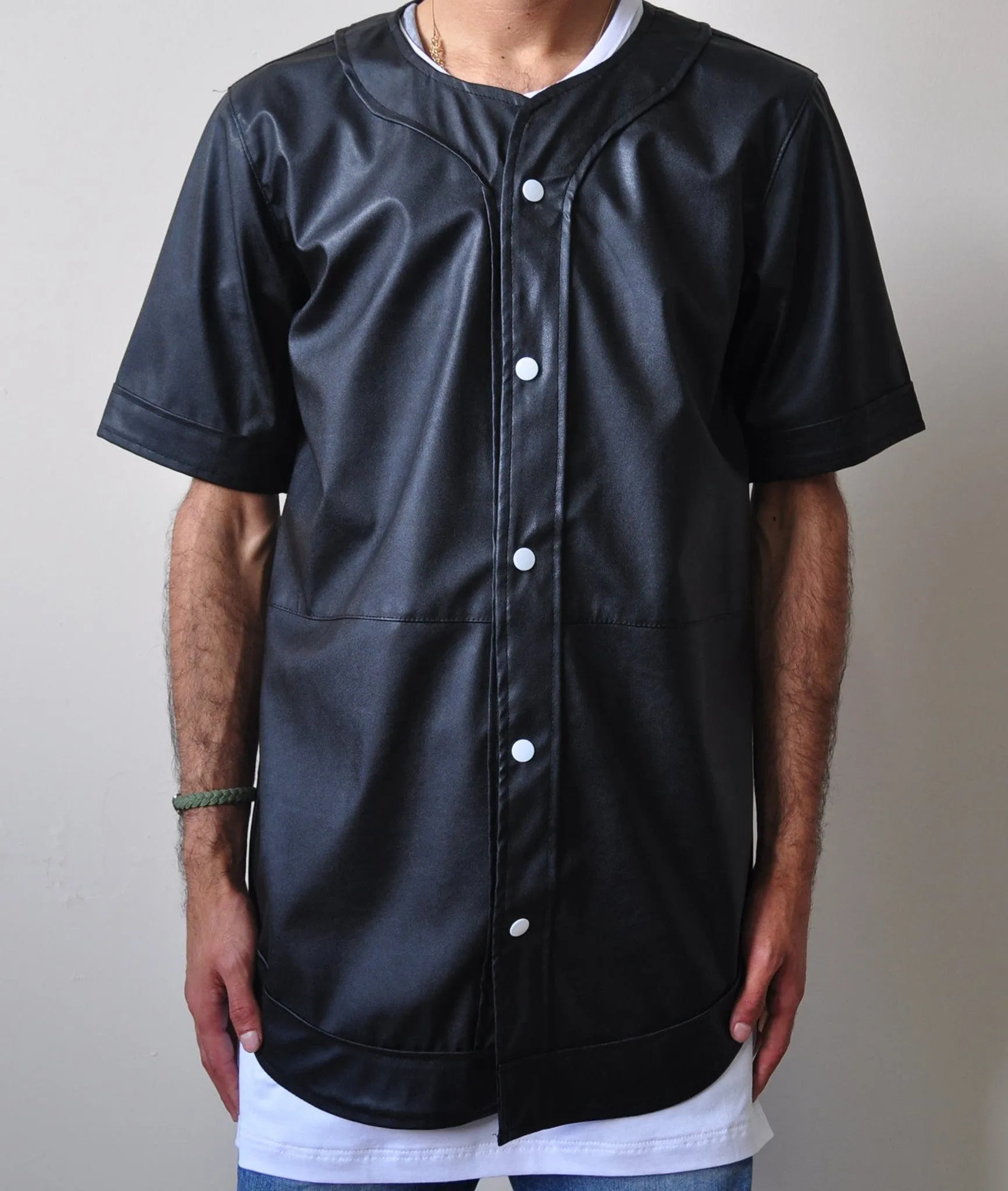 Leather Baseball Jersey Button Closure Shirt   -