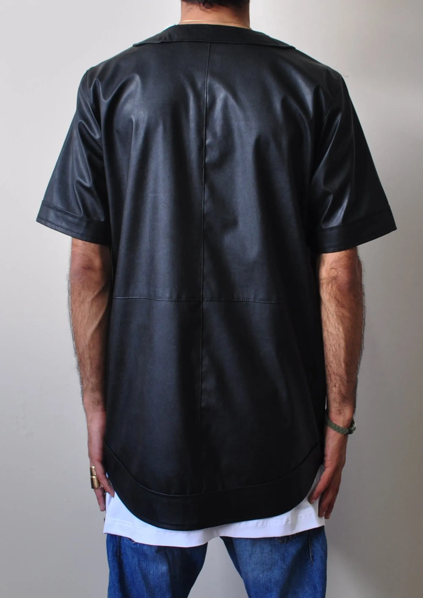 Leather Baseball Jersey Button Closure Shirt   -