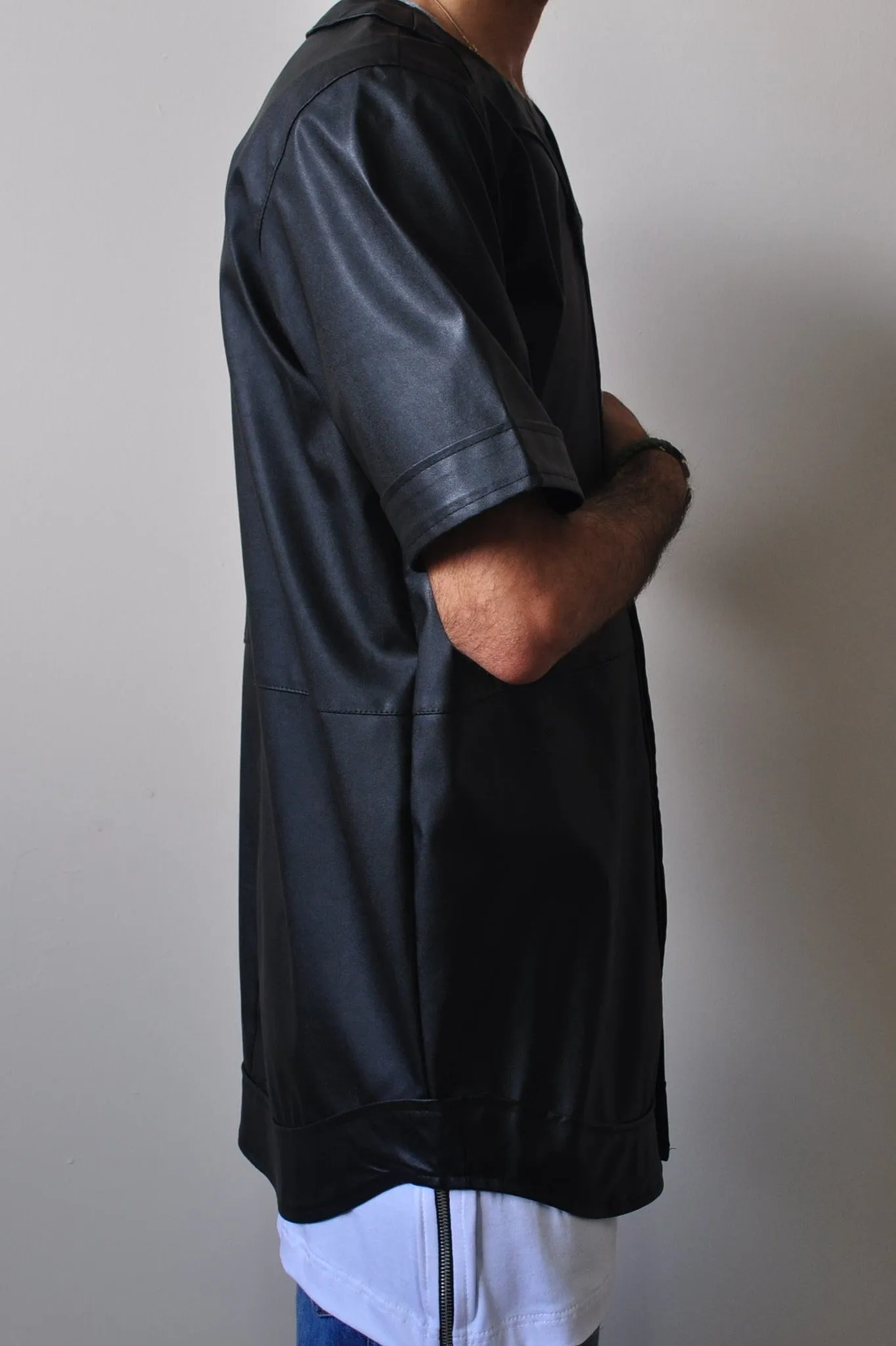 Leather Baseball Jersey Button Closure Shirt   -