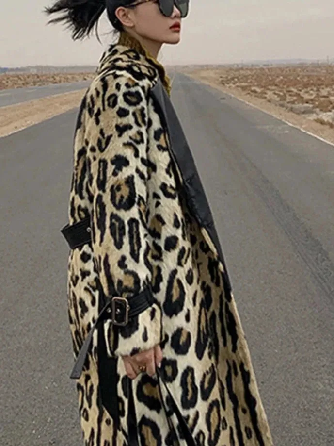 Long Leopard Print Warm Fluffy Faux Fur Trench Coat