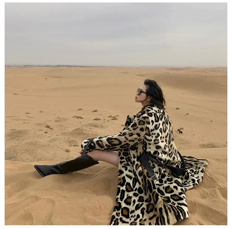 Long Leopard Print Warm Fluffy Faux Fur Trench Coat