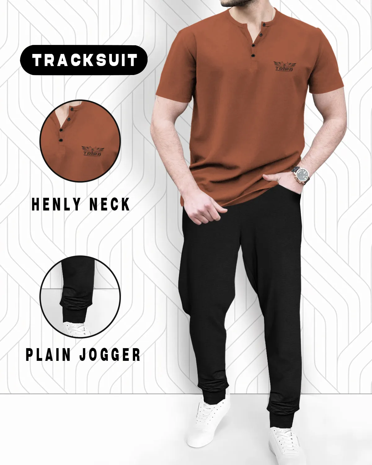 Men Half Sleeve Henley Neck T-shirt with Black Jogger Pant (Brown & Black - Tracksuit)