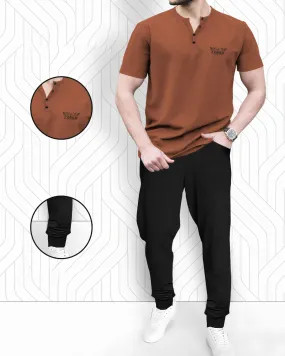 Men Half Sleeve Henley Neck T-shirt with Black Jogger Pant (Brown & Black - Tracksuit)