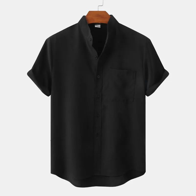 Men's Linen Shirt Henley Shirt Front Pocket Casual Shirt Black Short Sleeve Plain Hawaiian Holiday Clothing