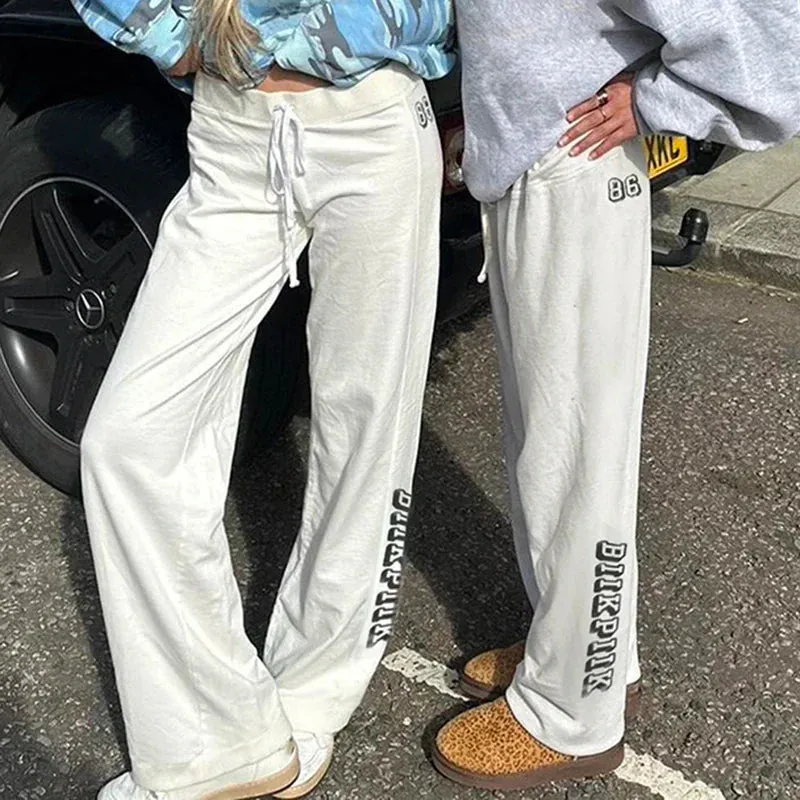 Metaversmall Casual White Sporty Chic Sweatpants Autumn Pants Women Streetwear Straight Leg Trousers Homewear Drawstring Outfits
