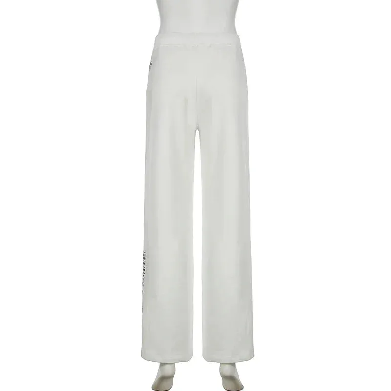 Metaversmall Casual White Sporty Chic Sweatpants Autumn Pants Women Streetwear Straight Leg Trousers Homewear Drawstring Outfits