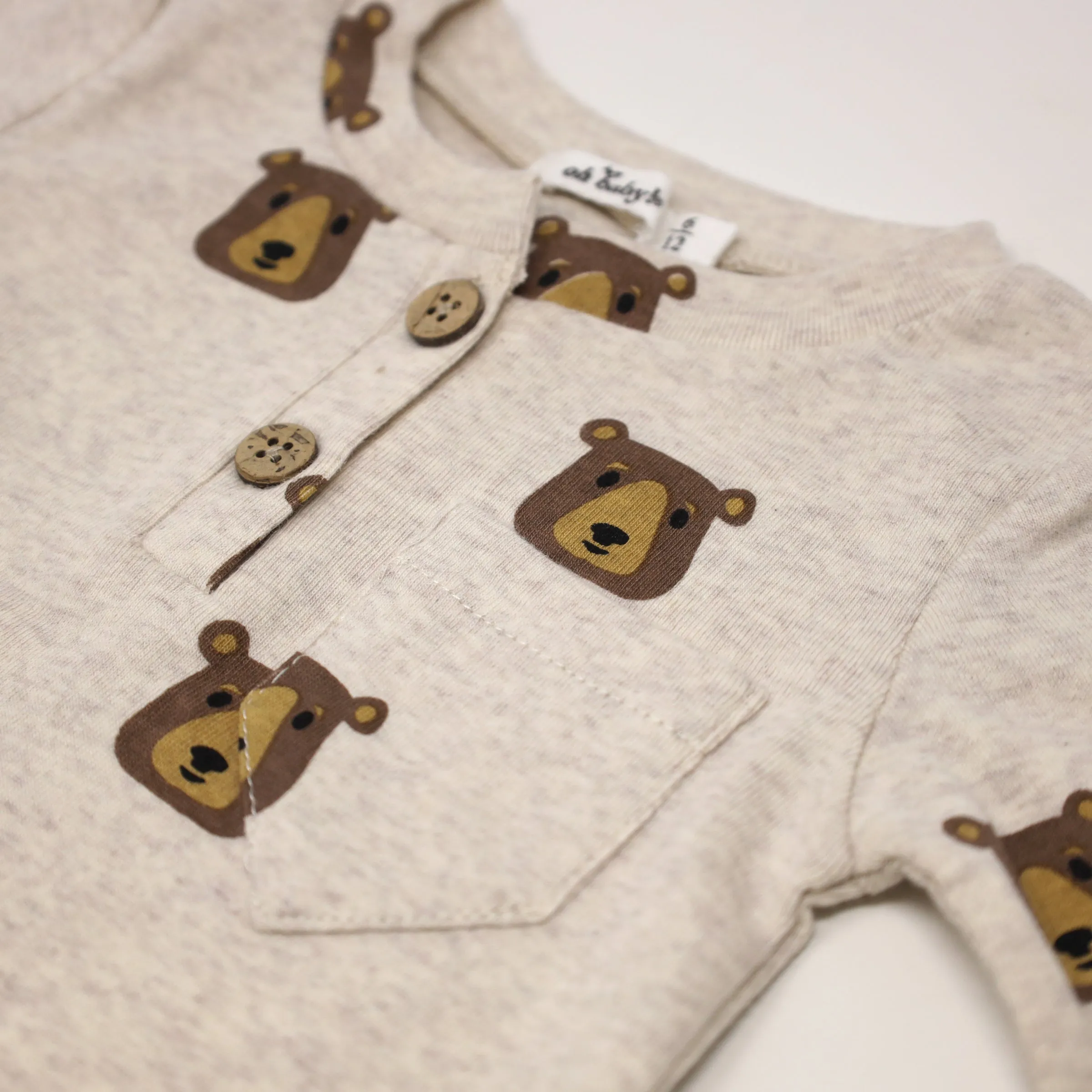 oh baby! Long Sleeve Henley Tee - Brown Bear Faces Print - Sand