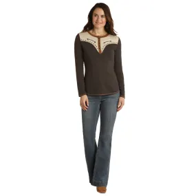 Panhandle White Label® Ladies Retro Western Henley Charcoal T-Shirt WLWT22R02K-02