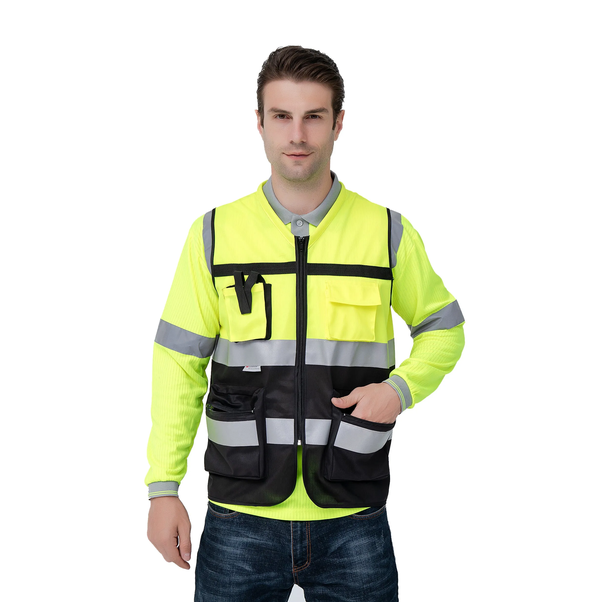 SMASYS Mens High Visibility Security Work Safety Vest with Zipper(LB-VS045)