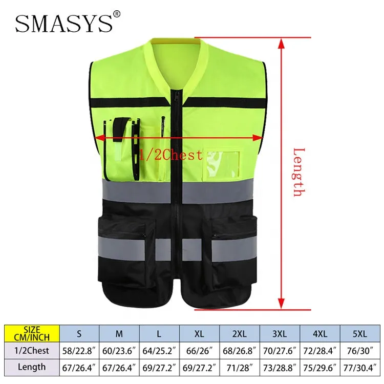 SMASYS Mens High Visibility Security Work Safety Vest with Zipper(LB-VS045)