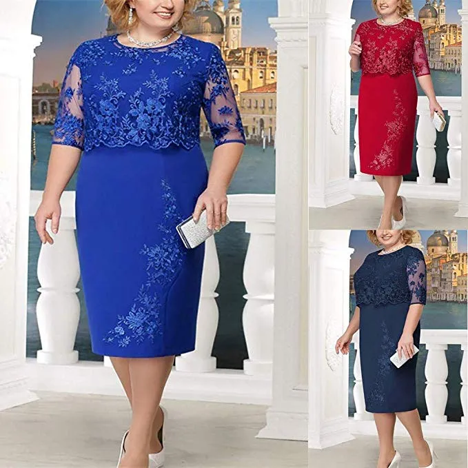 TastyHottie - Womens Dress Ladies Plus Size Cocktail Dress Short Sleeve Lace Midi Dress Elegant Evening Party Mini Skirt