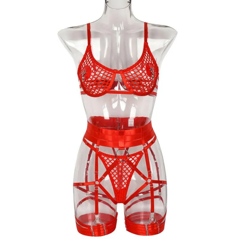 Womens Fetish Lingerie with Metal Chest Ring and Fishnet Details