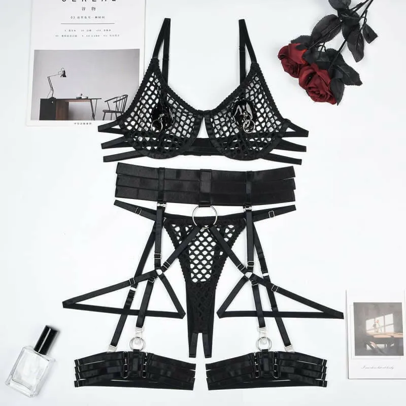 Womens Fetish Lingerie with Metal Chest Ring and Fishnet Details