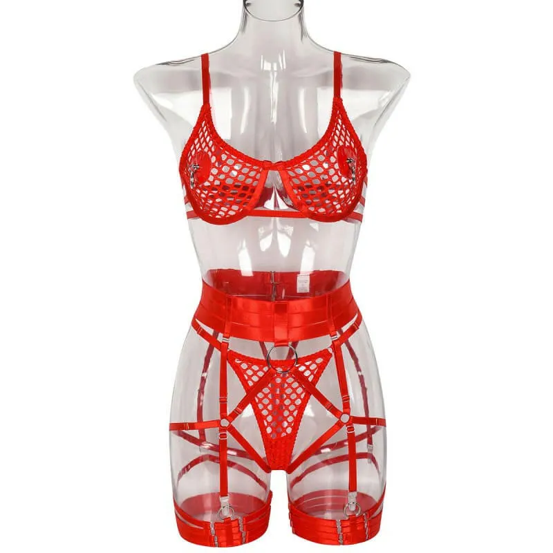 Womens Fetish Lingerie with Metal Chest Ring and Fishnet Details